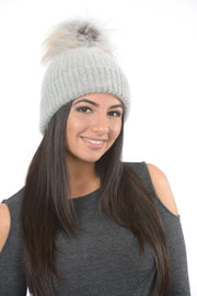 Angora Knit Pom Pom Hat - Grey