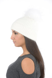 Angora Knit Pom Pom Hat - White